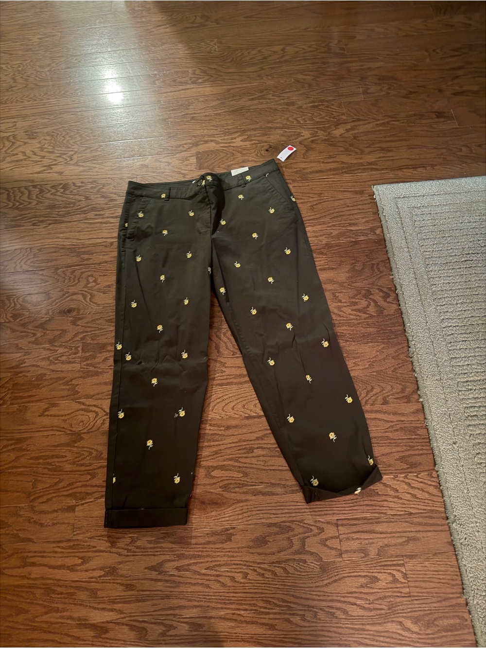 Talbots Olive Green Boot Cut Pants with Yellow Embroidered Pineapple Motif